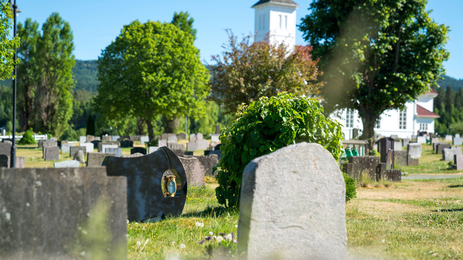 Bilde av gravlund foran en hvit trekirke